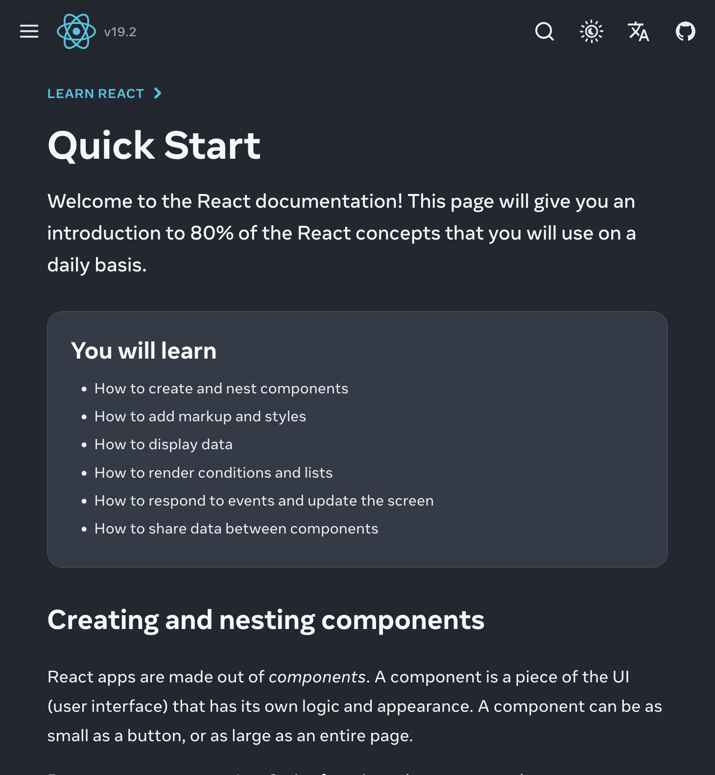 Screenshot of the React docs